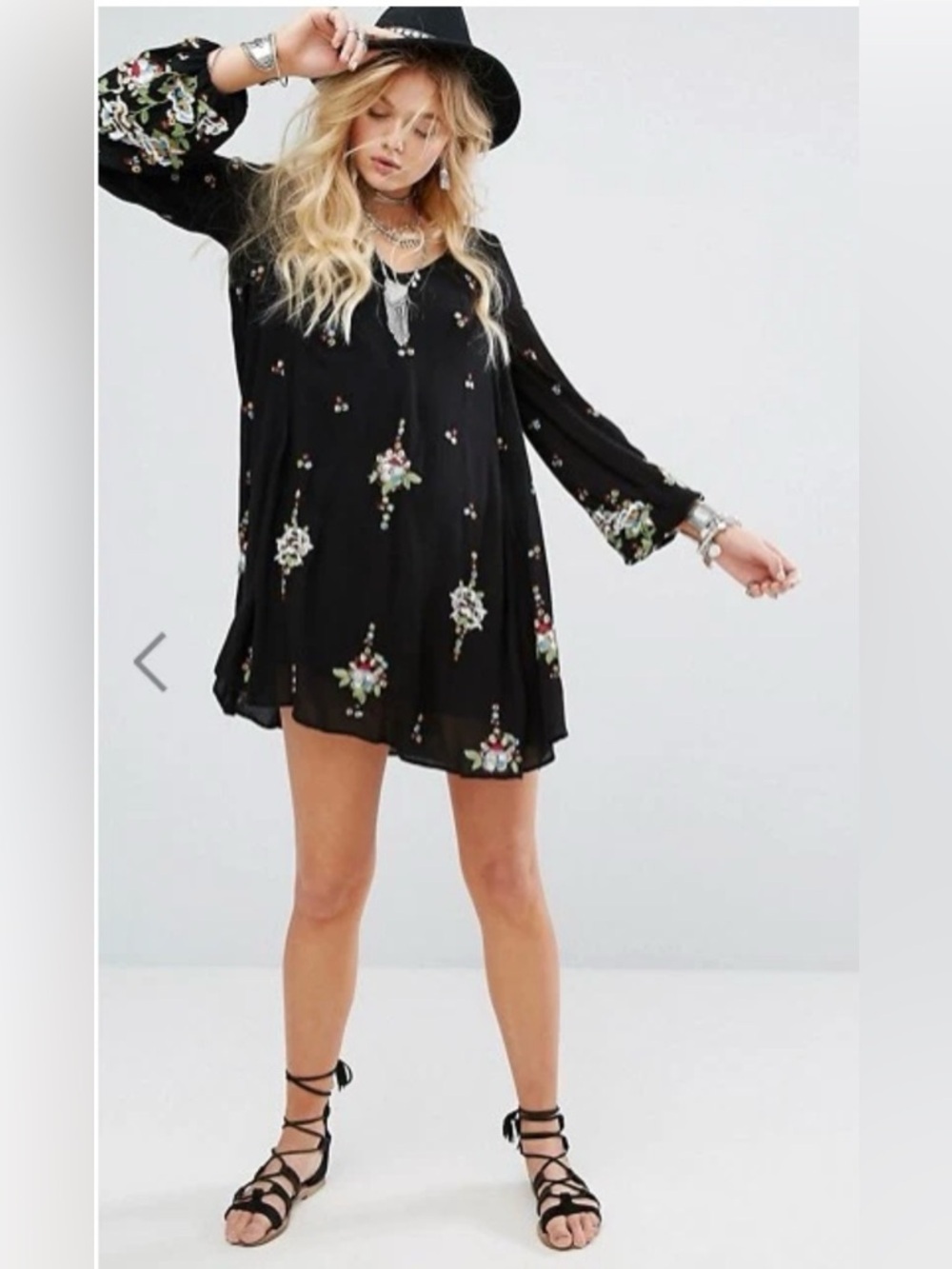 Free People Black Mini Dress with Multicolor Floral Embroidery